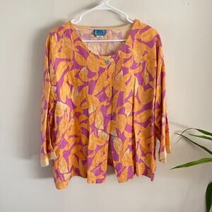 Isabella Tropical Floral Button Up Top Womens 2X Orange Pink Casual Resort